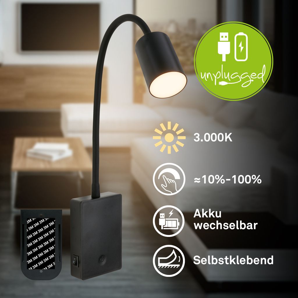 Smooth Reading Lamp - 2W, 150lm, Rechargeable Battery, LED, Dimmable, Black