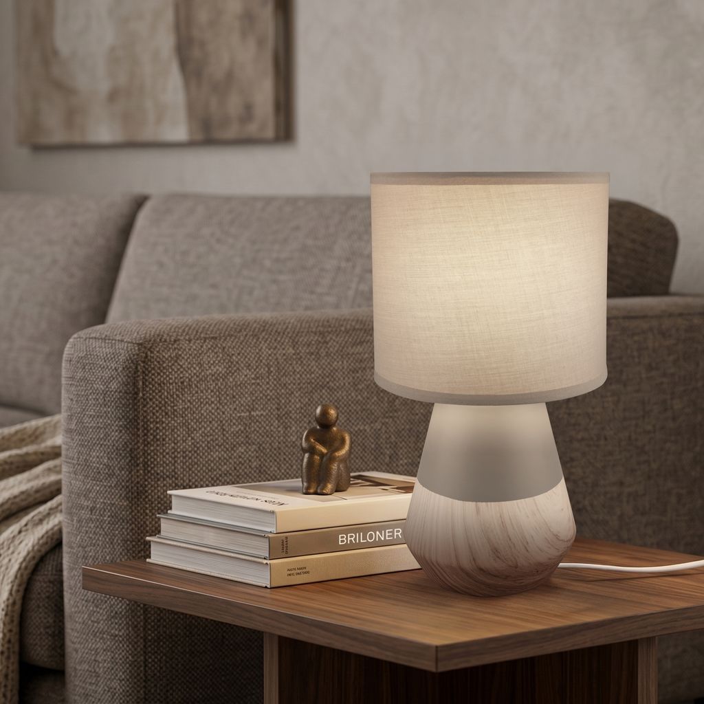 Linda Tischlampe - mit Schalter, Keramik, E14 Fassung, Grau-Holzoptik