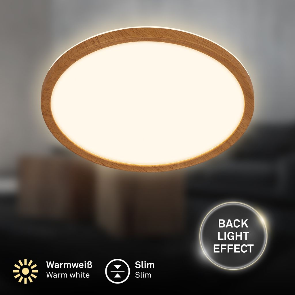 Tava Wood LED Deckenlampe, Backlight, Flach, Holzoptik, Rund 29 cm