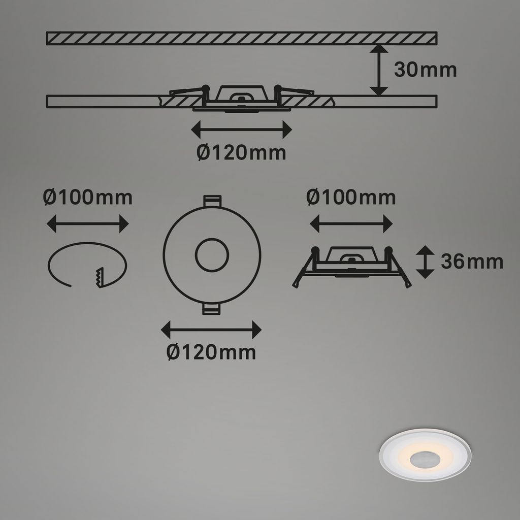 LED Einbauleuchte, Ø12 cm, 3x LED, 6 W, 650 lm, aluminiumfarbig