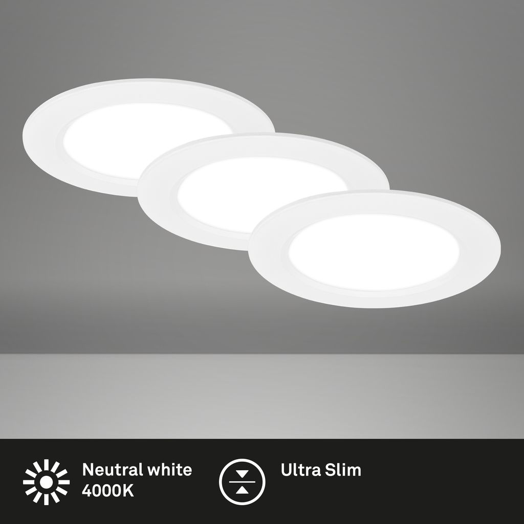 3er Set LED Einbaustrahler Ø120 mm, flach, 6W, 230V, Neutralweiß, Weiß