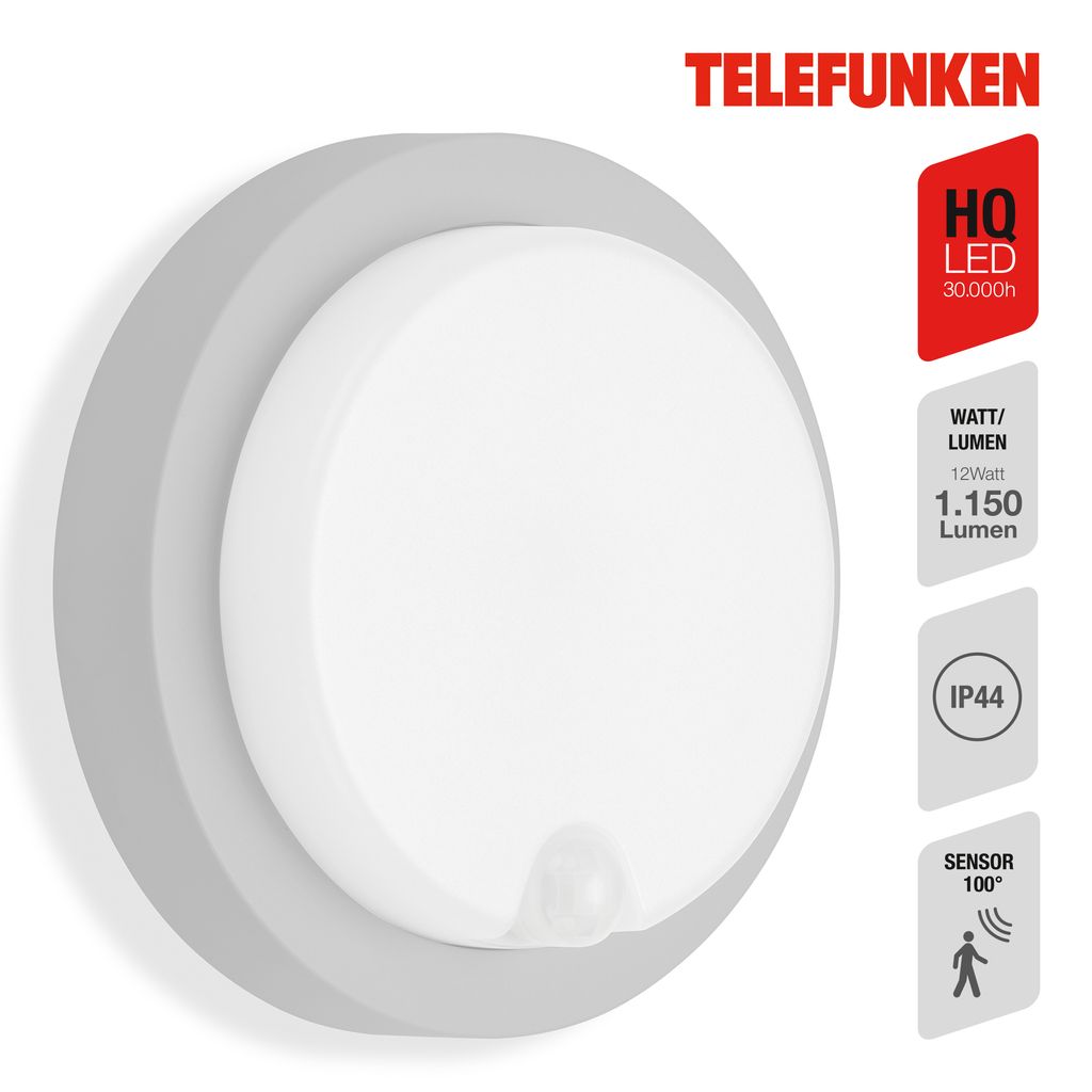 Telefunken LED -sensor Buitenwandlamp, Ø 17 cm, 12 W, zilver