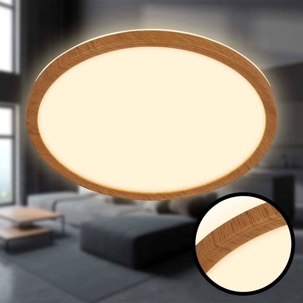 Tava Wood LED Deckenlampe, Backlight, Flach, Holzoptik, Rund 29 cm