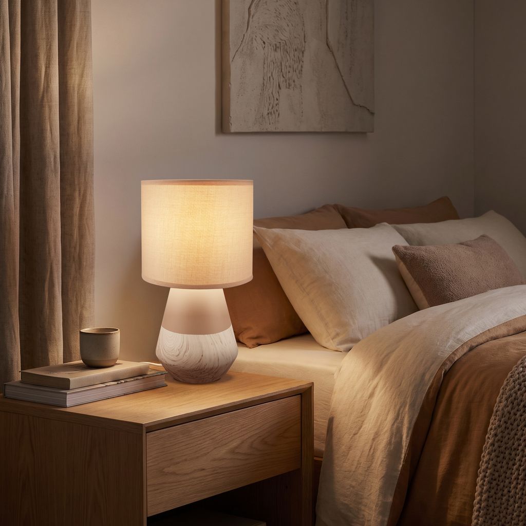 Linda Tischlampe - mit Schalter, Keramik, E14 Fassung, Beige-Holzoptik