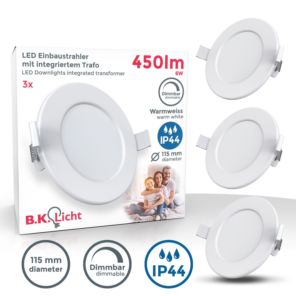 Einbauspot 100mm 3er Set - 230V, 6W, 450lm, LED, dimmbar, IP44, warmweiß, weiß