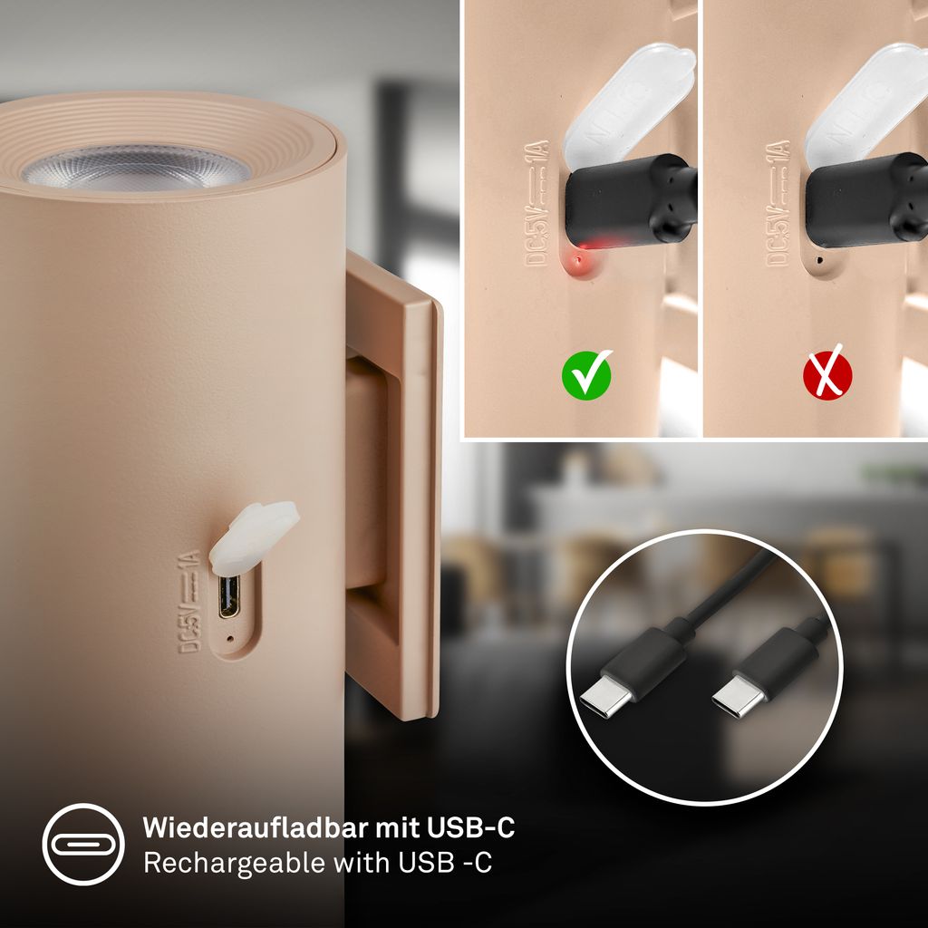 Isy Wandlampe - 2W, 140lm, Akku, LED, Touch, Dimmbar, 2er Set, Beige