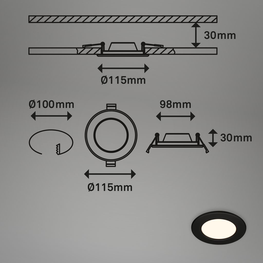 LED Einbauleuchte, 11,5 cm, 6W, 600lm, schwarz