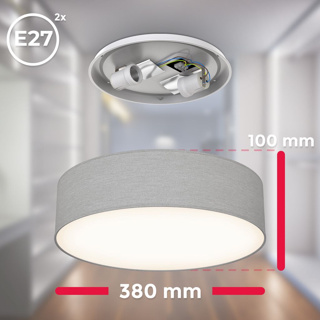 B.K.Licht Ceiling Lamp Shade, Ø38cm/15in, Grey-Brown Fabric, 2xE27 sockets, Bulbs not Included, Flush Mount Ceiling Fitting, Modern Light Fitting for Bedroom, Living Room, Dining Area, IP20