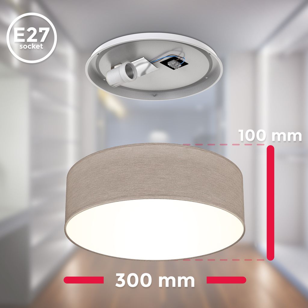 B.K.Licht Ceiling Lamp Shade, Ø11,8in, Grey Brown-Fabric, E27 Socket, Bulb not Included, Flush Mount Ceiling Fitting, Modern Light Fitting for Bedroom, Living Room, Dining Area IP20