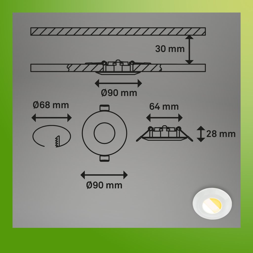 6er Set LED Bad Einbaustrahler Ø90 mm IP44, CTS, flach, 5W, 520 lm, 230V, Weiß