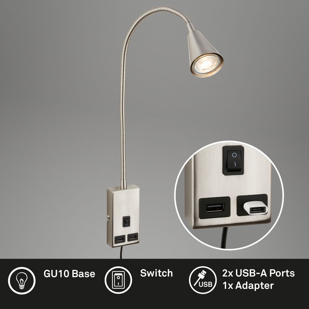 Briloner Justra leeslamp, draaibaar, 2 USB poorten, mat nikkel