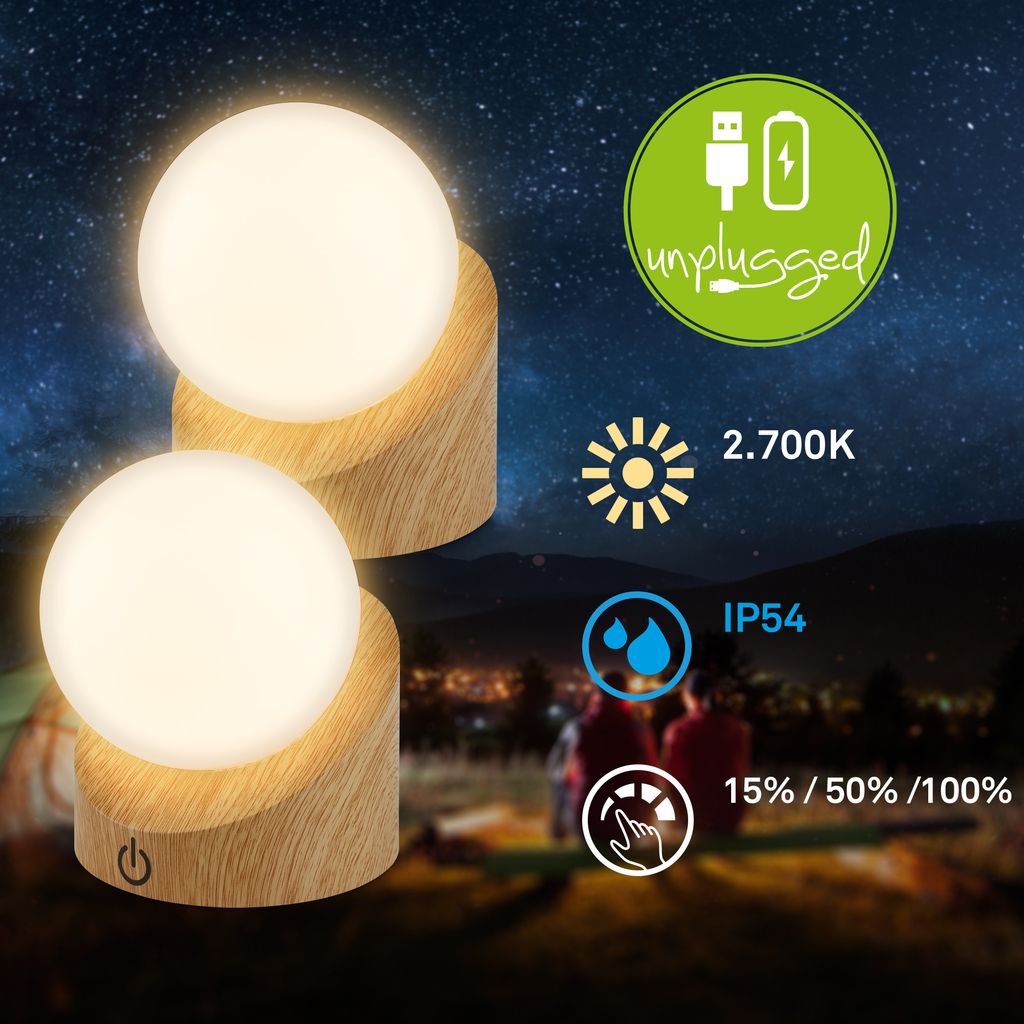 Sora Mini LED Tischlampe kabellos IP54, Dimmbar, Touch, 2er Set, Holzoptik