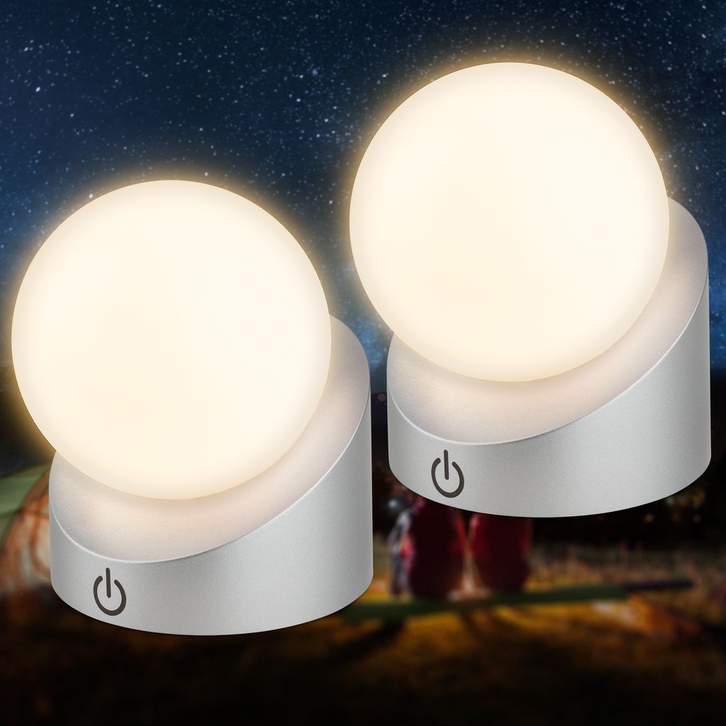 Sora Mini LED Tischlampe kabellos IP54, Dimmbar, Touch, 2er Set, Chrom-Matt