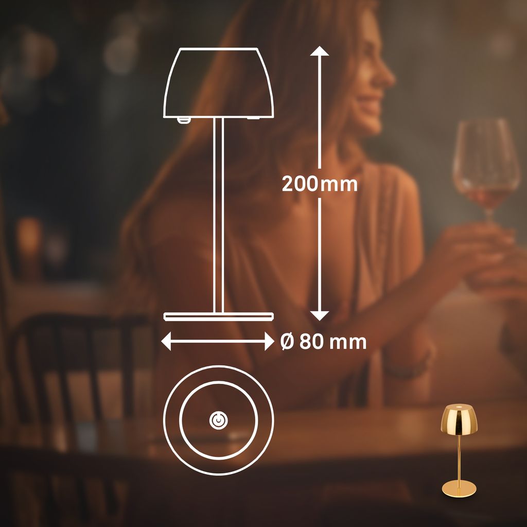 Briloner Serina Mini LED Tischlampe kabellos IP44. Dimmbar. Touch. Spritzwasserschutz. akku. gold. Ø8 x 20 cm 6