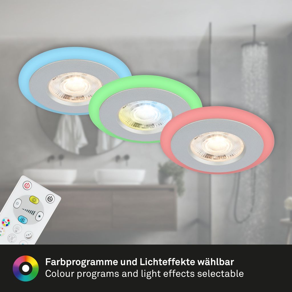 LED Einbauleuchten CCT RGB-Lichtring Fernbedienung dimmbar IP44 chrom Briloner 7