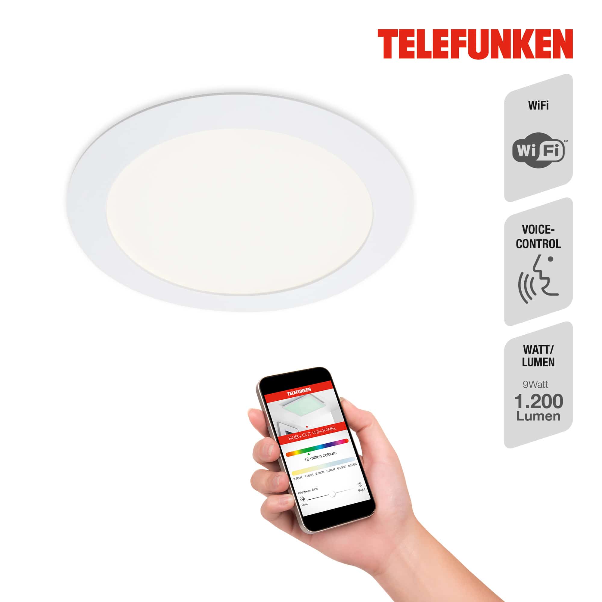TELEFUNKEN LED Spot Encastrable connecté Ø 17 cm 1x 12W 1200lm blanc