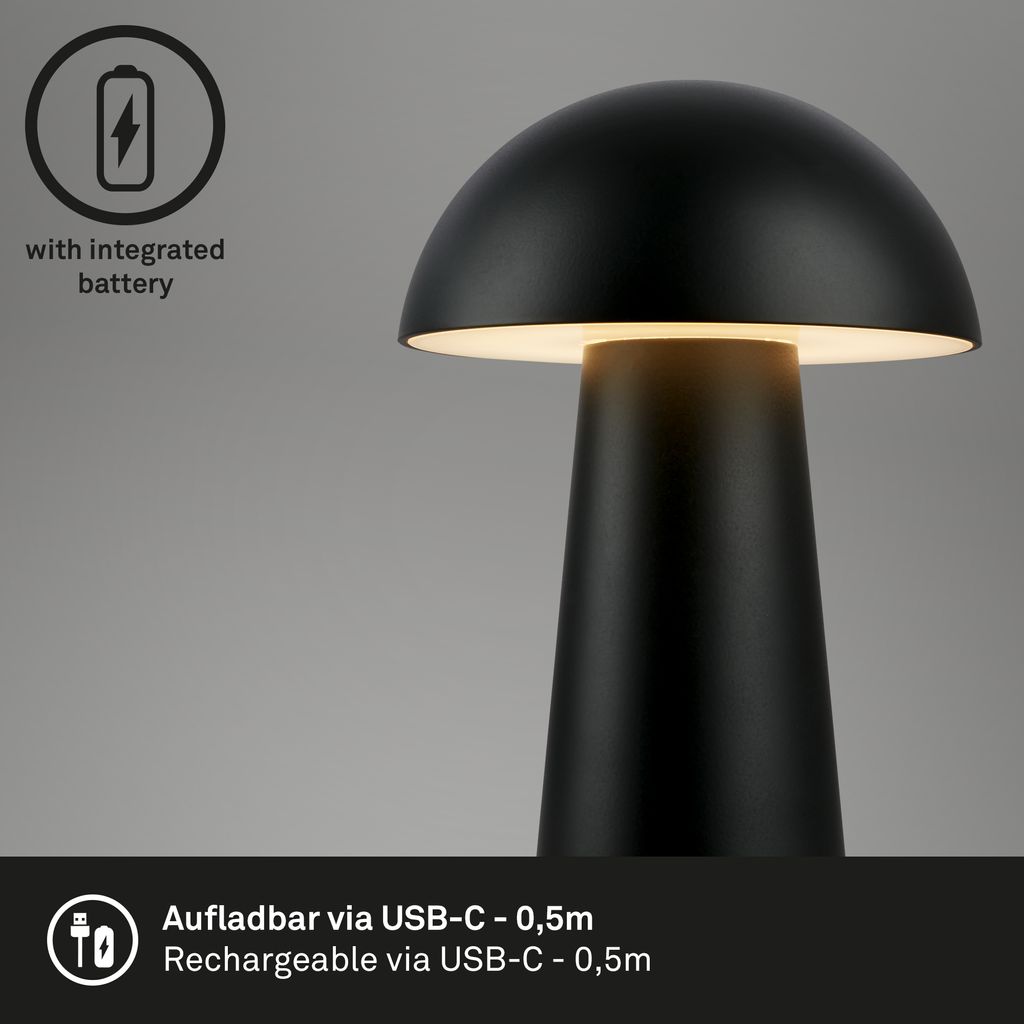 Briloner Fungo Mini LED table lamp cordless IP44, dimmable, touch, black