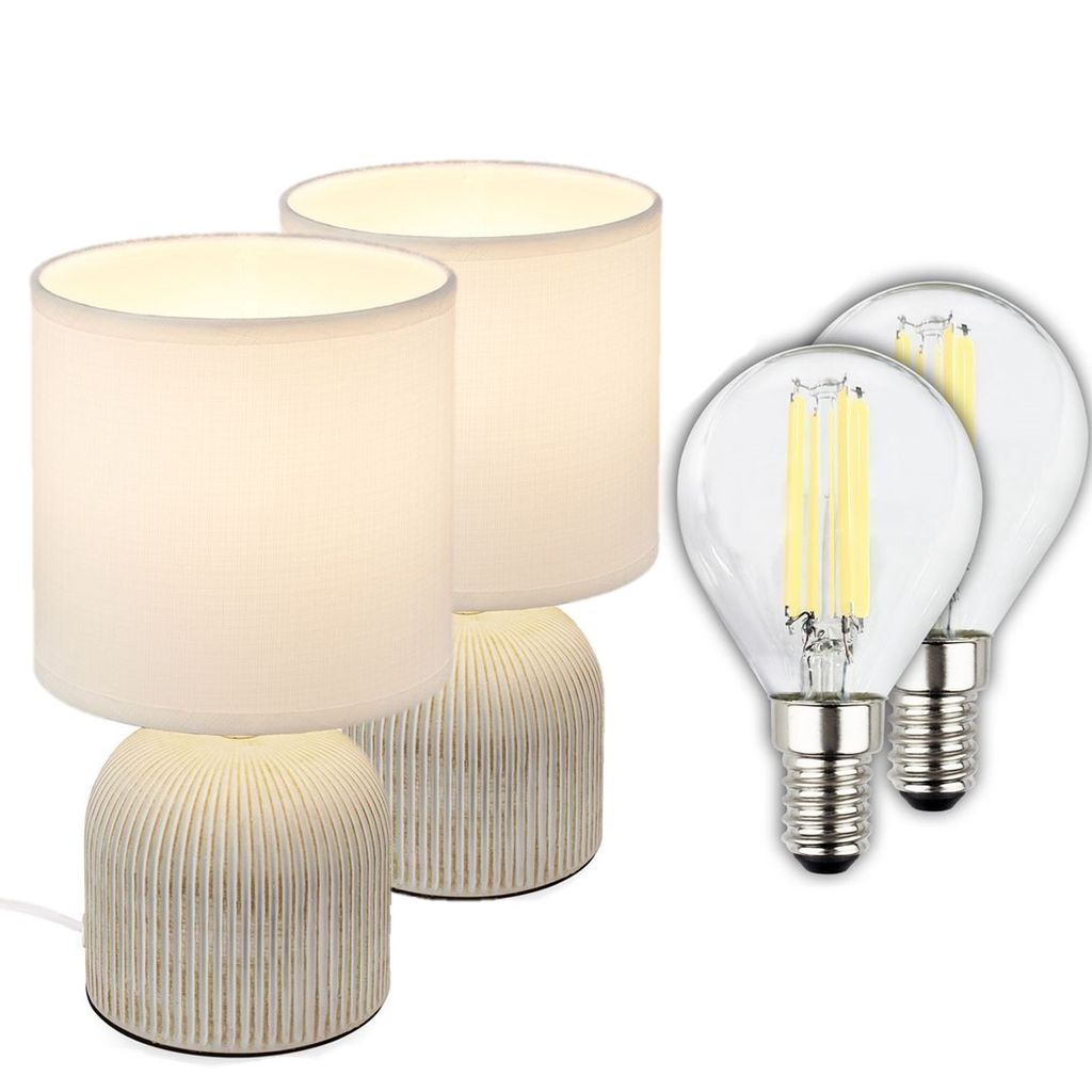 Ino 2er Set Tischlampe 28cm mit 2x Leuchtmitteln - Warmweiß, EEK A, Keramikfuß, Kabelschalter, Weiß