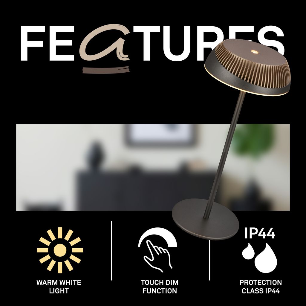 Alusta Tischleuchte - 2W, 200lm, Akku, LED, Touch, Dimmbar, Anthrazit, Bronze metallic