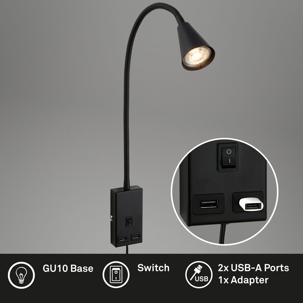 Briloner Justra leeslamp, draaibaar, 2 USB poorten, zwart