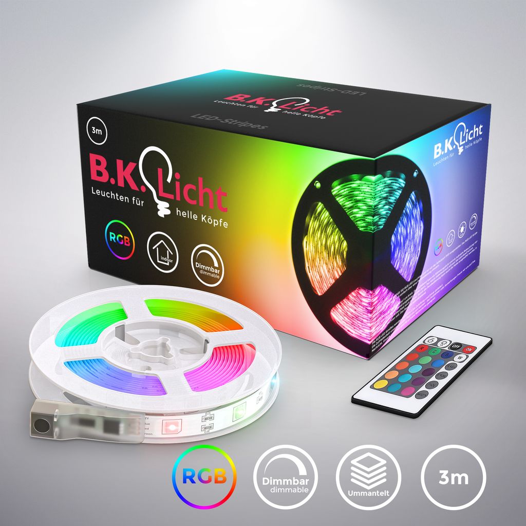 B.K.Licht LED Strip 3m, silicone coated, RGB, remote control, self-adhesive, colour change, can be shortened, LED Stripes, light chain, ribbon, strip, LED strip light, LED batten luminaire, white