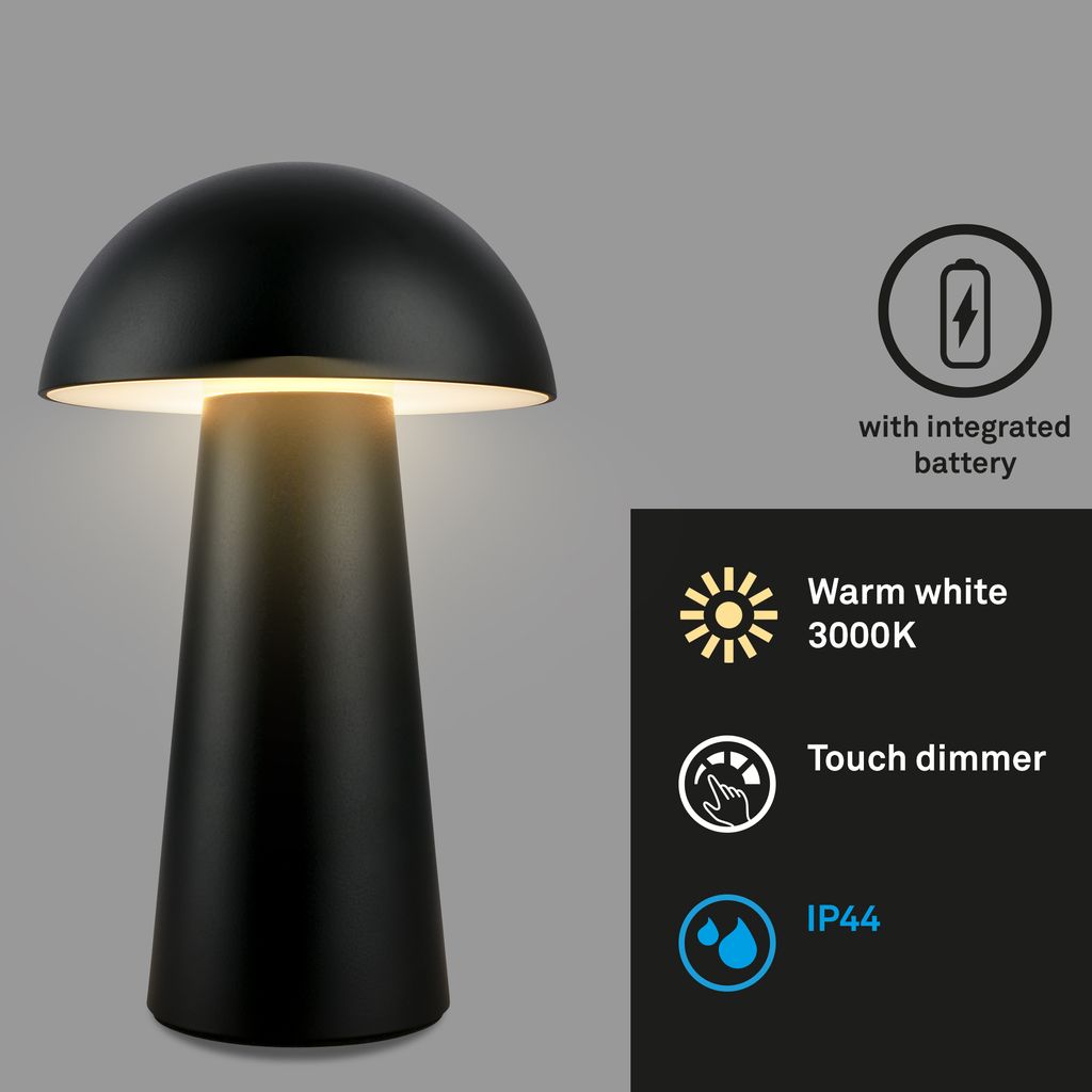 Briloner Fungo Mini LED table lamp cordless IP44, dimmable, touch, black