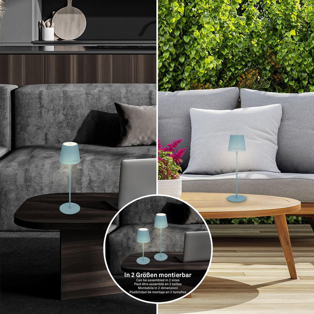 LED Akku-Tischleuchte Tischlampe höhenverstellbar IP44 hellblau RGB innen außen 9