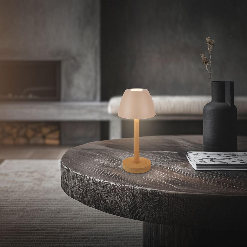 Serina Wood Rechargeable Table Lamp - 2.5W, 200lm, Cordless, LED, Touch, Dimmable, Beige-Wood