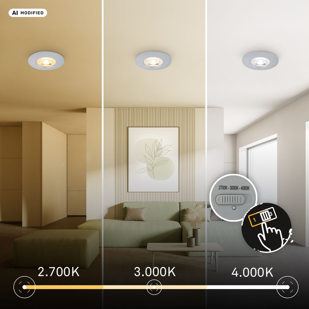 Dimara LED Einbaustrahler 68mm 3er Set - 230V, 4,9W, 460lm, CTS Schalter, IP65, Chrom-matt