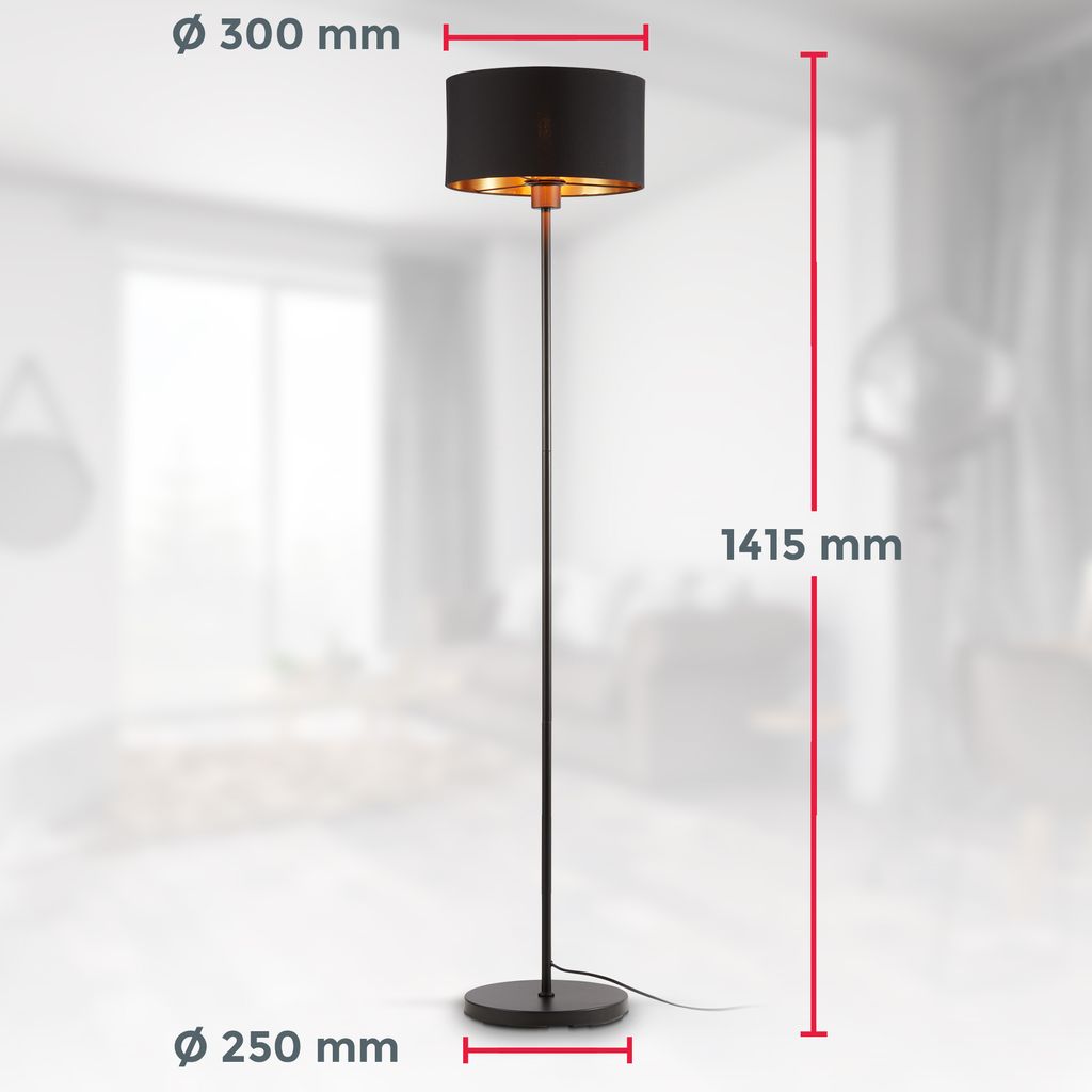 Stehlampe - Schalter, Stoffschirm, E27 Fassung, max. 40W, Schwarz-Gold