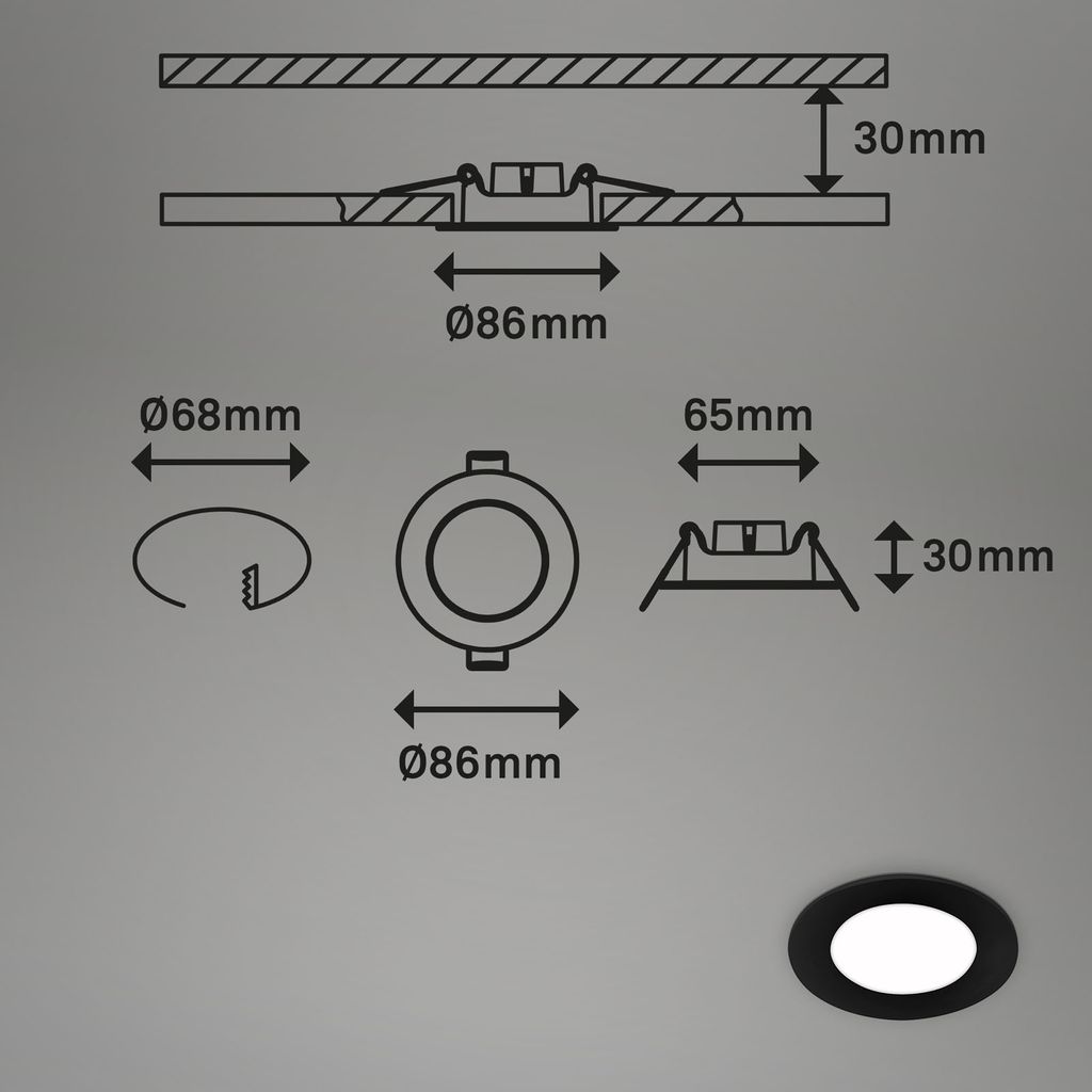 LED Inbouw Lichten 3 Set, Ø8,6 cm, 3x LED, 3 W, 350 LM, zwart