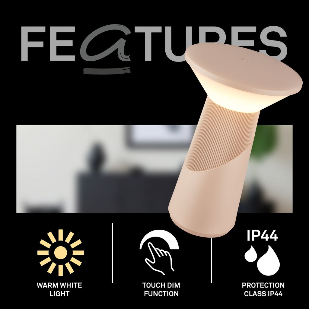 Briloner LED Tischlampe Kabellos 15x24cm 2.6W 200lm 2700K Warmweiß Dimmbar Design Award Beige - Tischleuchte Wohnzimmer Schlafzimmer Balkon 2