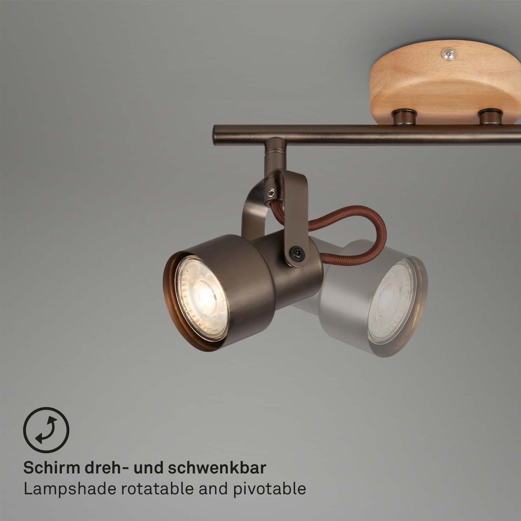 LED Retro Deckenstrahler ? 2-flammig, schwenkbar, 2x GU10 5W, Holz & Metall, Grau