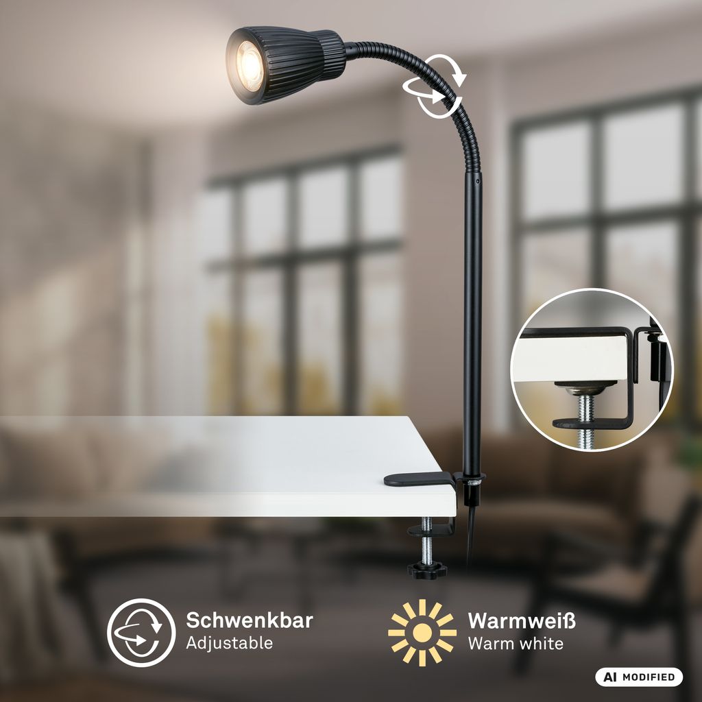 Riff Klemmlampe - 3,5W, 400lm, LED, Schwenkbar, Warmweiß, Schwarz