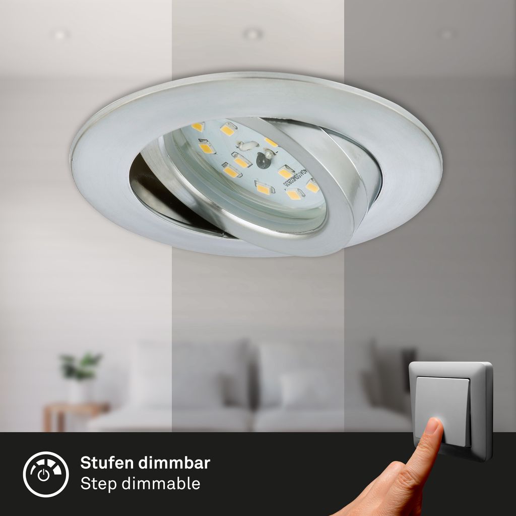 LED Einbauleuchte 3er-Set alu 6.5W dimmbar IP23 Ø8.2cm Kunststoff Briloner 6