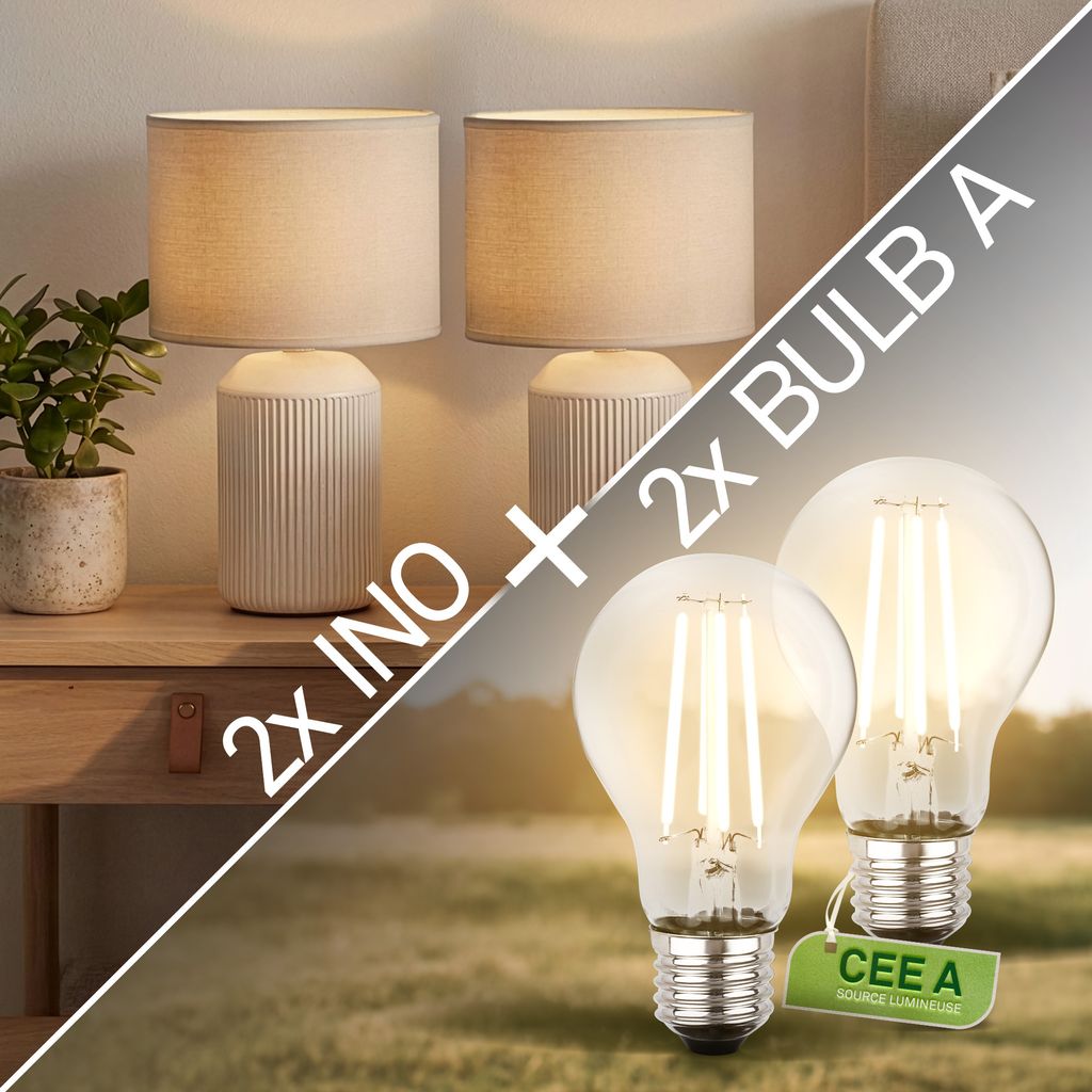Ino 2er Set Tischlampe mit 2x Leuchtmitteln - Warmweiß, EEK A, Keramikfuß, Kabelschalter, Weiß