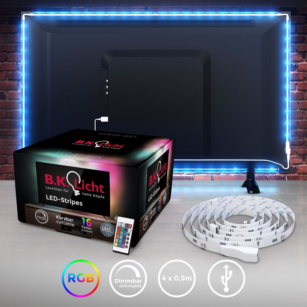 B.K.Licht Multi Color LED TV Backlight, USB LED Strip Light with RGB Remote Control, 4 Self-Adhesive LED Strips 0.5m/20in Each, Suitable for 40in to 60in TV or PC Monitor, Dimmable, USB Powered Kit