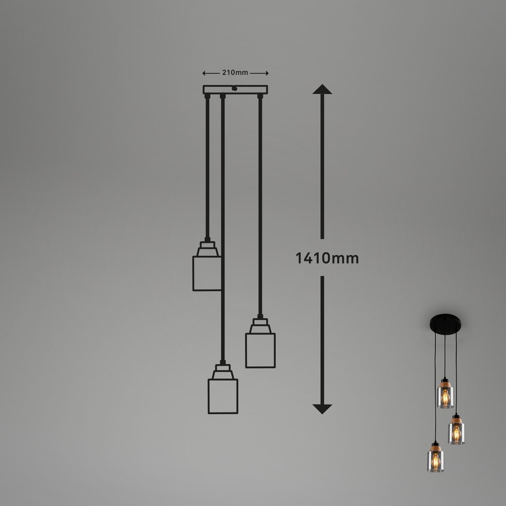 Pendant light. with wood. smoked glass. 3xE27/max. 6