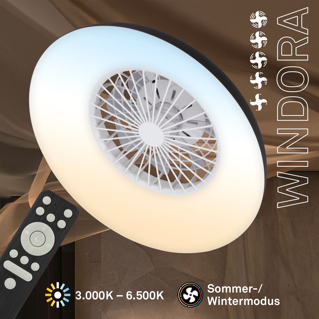 Windora Deckenventilator mit Beleuchtung - 36,5W, 3900lm, 5 Geschwindkeiten, CCT, Dimmbar, Schwarz, Weiß