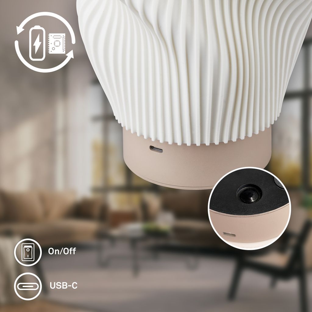 Tubi Tischleuchte - 2W, 150lm, Akku, LED, Touch, Dimmbar, 3D-Druck, Beige
