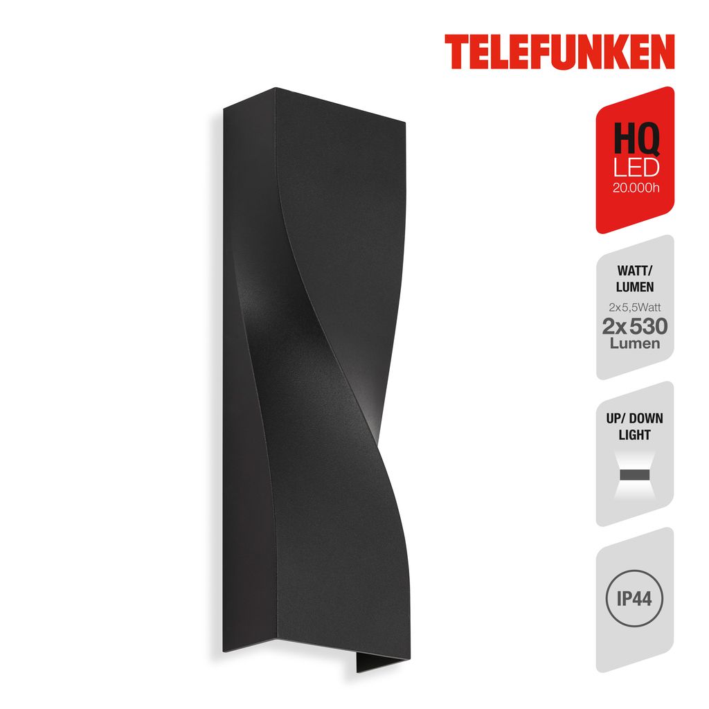 LED Außenwandleuchte Außenlampe IP44 12W schwarz Metall-Glas Telefunken 2