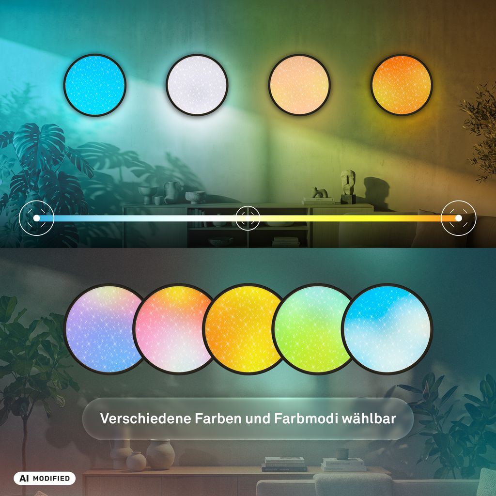 Slim Deckenlampe Ø37,5 cm - LED, AuraGlow, Farbwechsel, Dimmbar, Fernbedienung, Schwarz