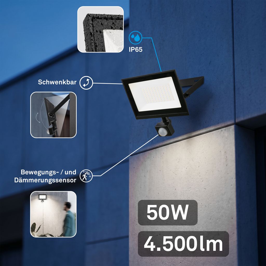 Varo Outdoor Floodlight - 50W, 4500lm, With Motion Sensor, LED, Neutral White, IP65, Black