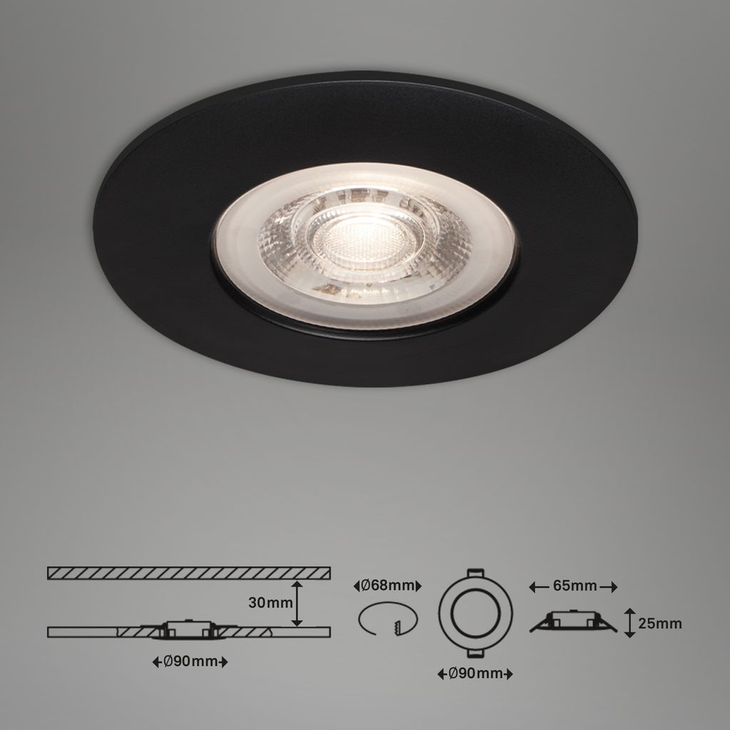 3er Set LED Einbauleuchte, Ø 9 cm, Dimmbar, 5 W, Schwarz