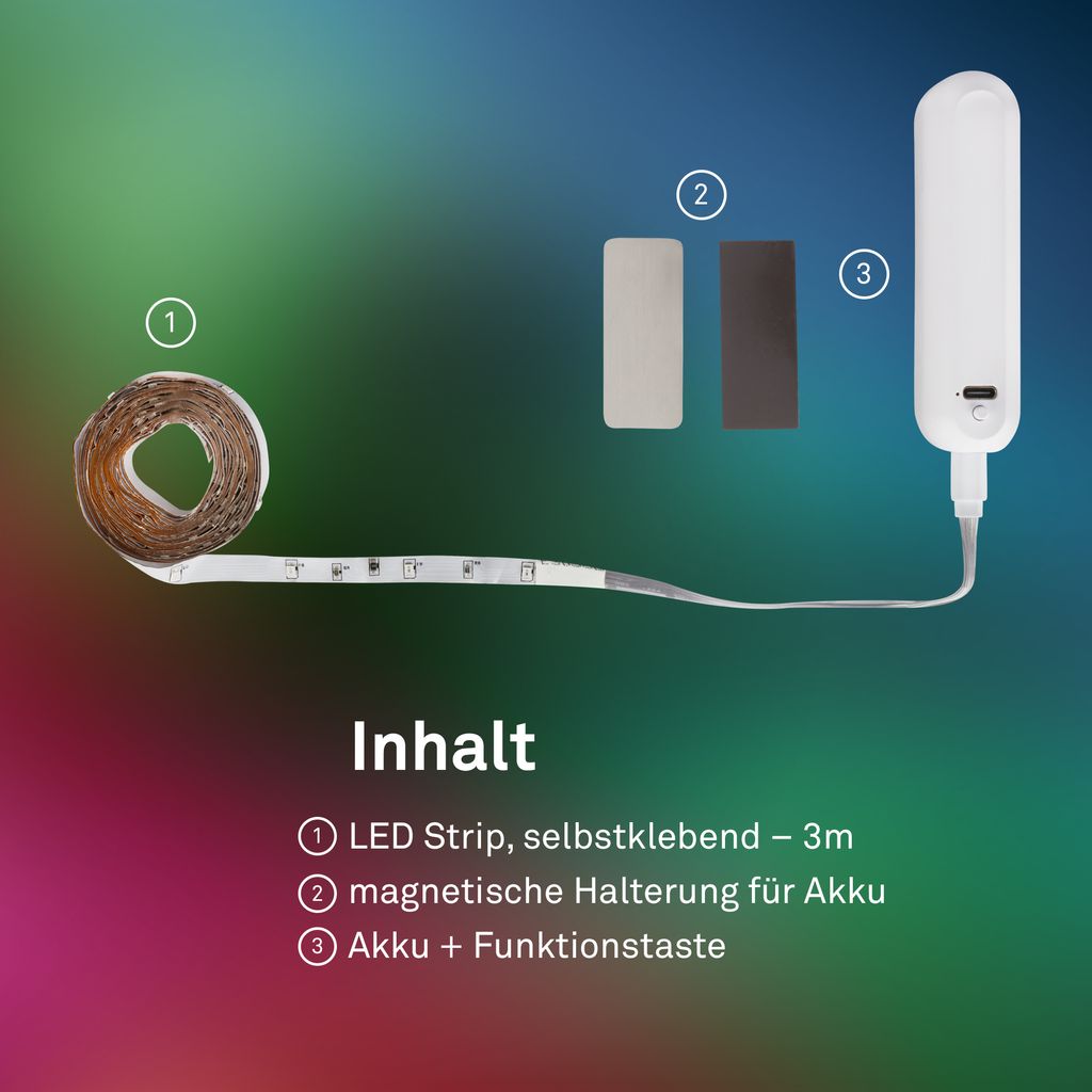 LED Streifen 3m - RGB, Akku, Selbstklebend, Weiß