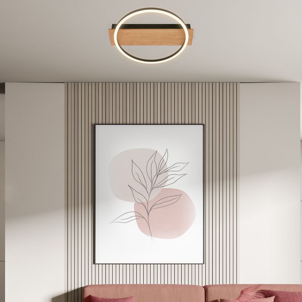 Kada LED Deckenlampe, Holzdekor, warmweißes Licht,Oval 34x30 cm, Schwarz-Holz