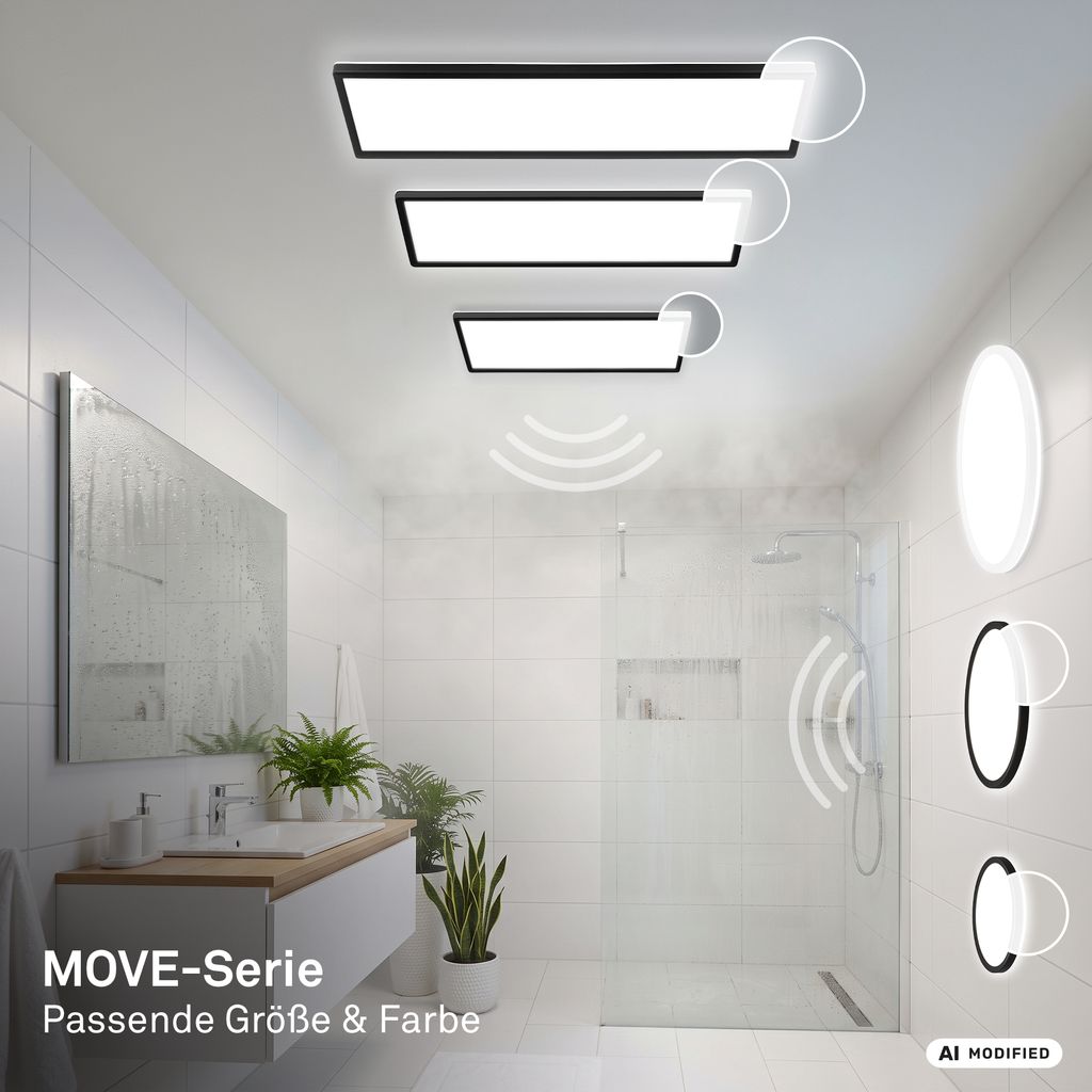 Briloner Move LED Plafonnier IP44, rétroéclairage, détecteur de mouvement, blanc