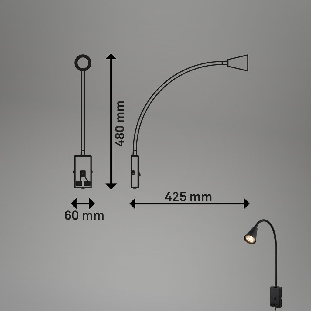 Briloner Justra leeslamp, draaibaar, 2 USB poorten, zwart