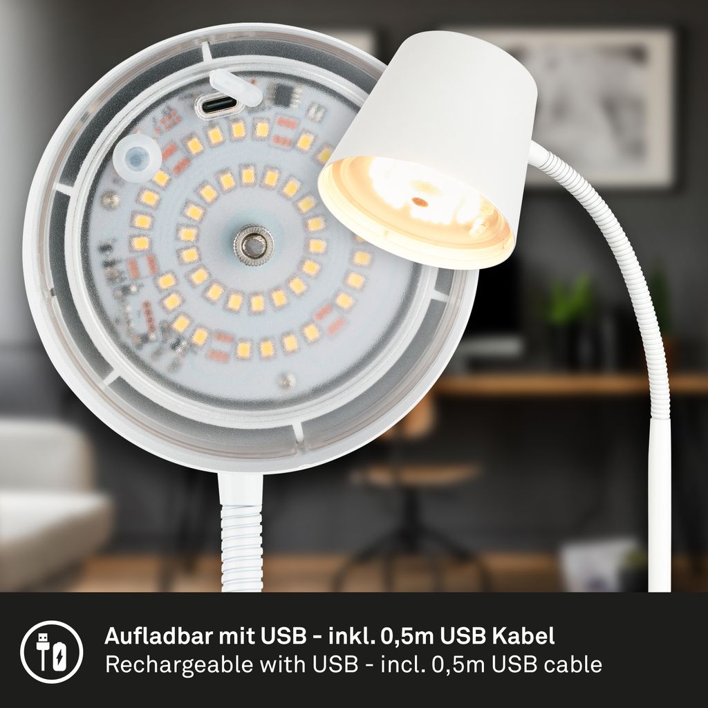 Briloner Biwo LED Tischlampe kabellos, Dimmbar, Schwenkbar, Weiß