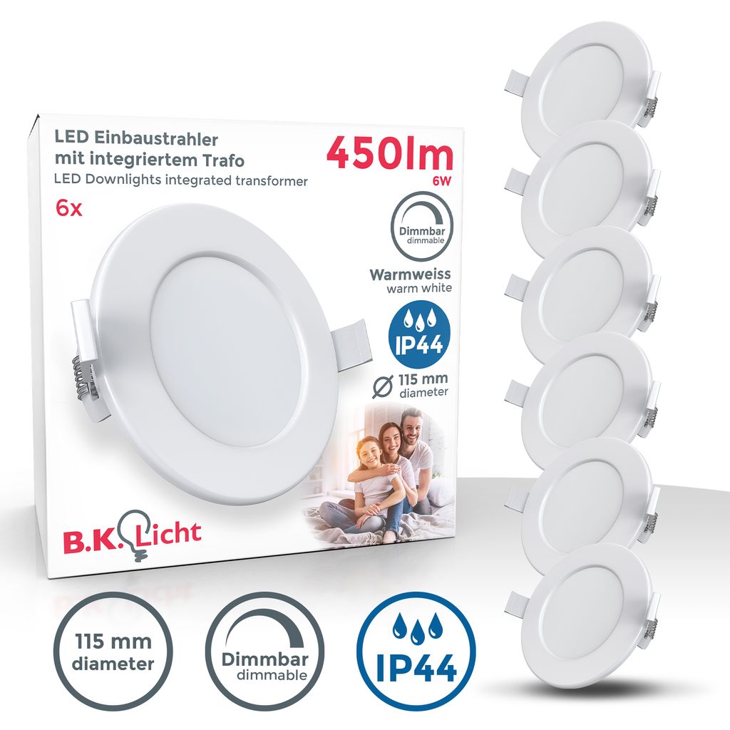 Einbauspot 100mm 6er Set - 230V, 6W, 600lm, LED, dimmbar, IP44, warmweiß, weiß